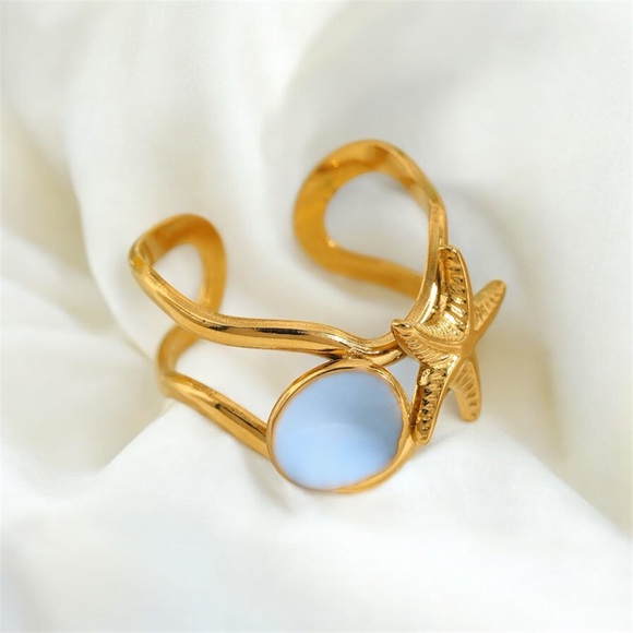 Anthropologie Jewelry - Gold Starfish Ring with Light Blue Accent